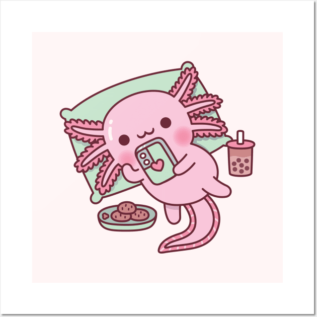 Cute Axolotl Chilling With Handphone Boba Tea And Cookies Wall Art by rustydoodle